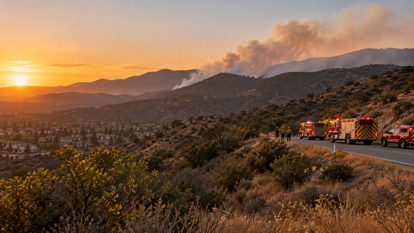 Santa Clarita çevresindeki kuru tepelerde yangın müdahalesini temsil eden özgün görsel; Bike Fire'ın gerçek fotoğrafı değil