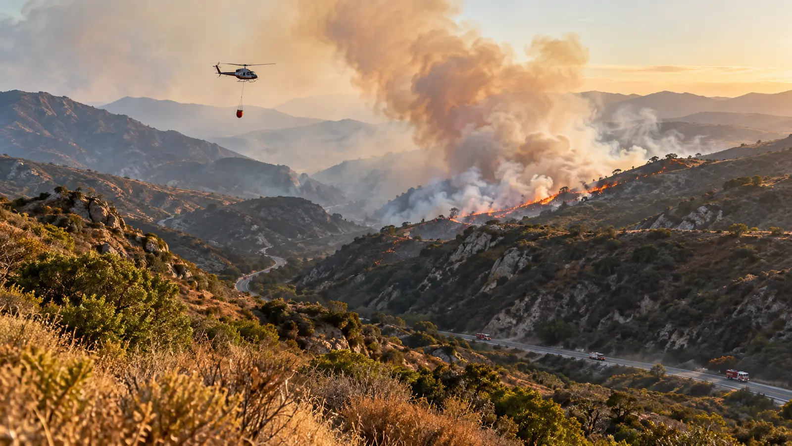 Angeles National Forest'taki yangınla mücadeleyi temsil eden özgün görsel; Bouquet Fire'ın gerçek görüntüsü değil