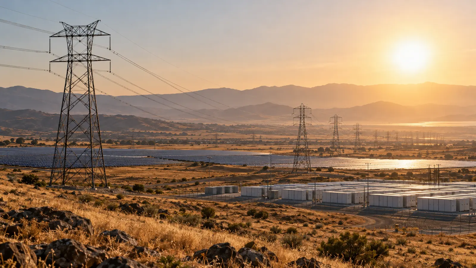 California'daki elektrik iletim hatları, güneş enerjisi ve batarya depolamasını temsil eden özgün görsel; 9 Eylül şebeke işletiminin gerçek fotoğrafı değil