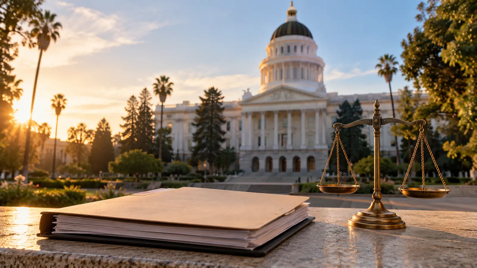 California’daki göçmenlik denetimi yasalarını temsil eden özgün adalet terazisi ve eyalet meclisi görseli; gerçek bir imza törenini veya operasyonu göstermiyor