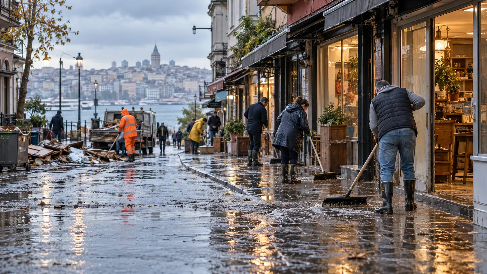 İstanbul'da sel sonrası dükkânlarını temizleyen esnaf ve belediye çalışanlarını temsil eden özgün görsel; 14–15 Ekim yağışlarının gerçek fotoğrafı değil