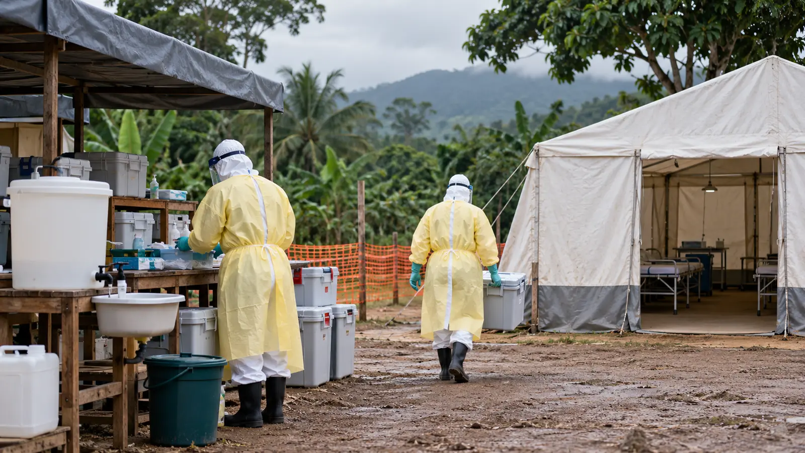 Orta Afrika’daki Ebola müdahalesini temsil eden özgün saha kliniği ve sağlık çalışanları görseli; gerçek bir merkez, çalışan veya olay fotoğrafı değil