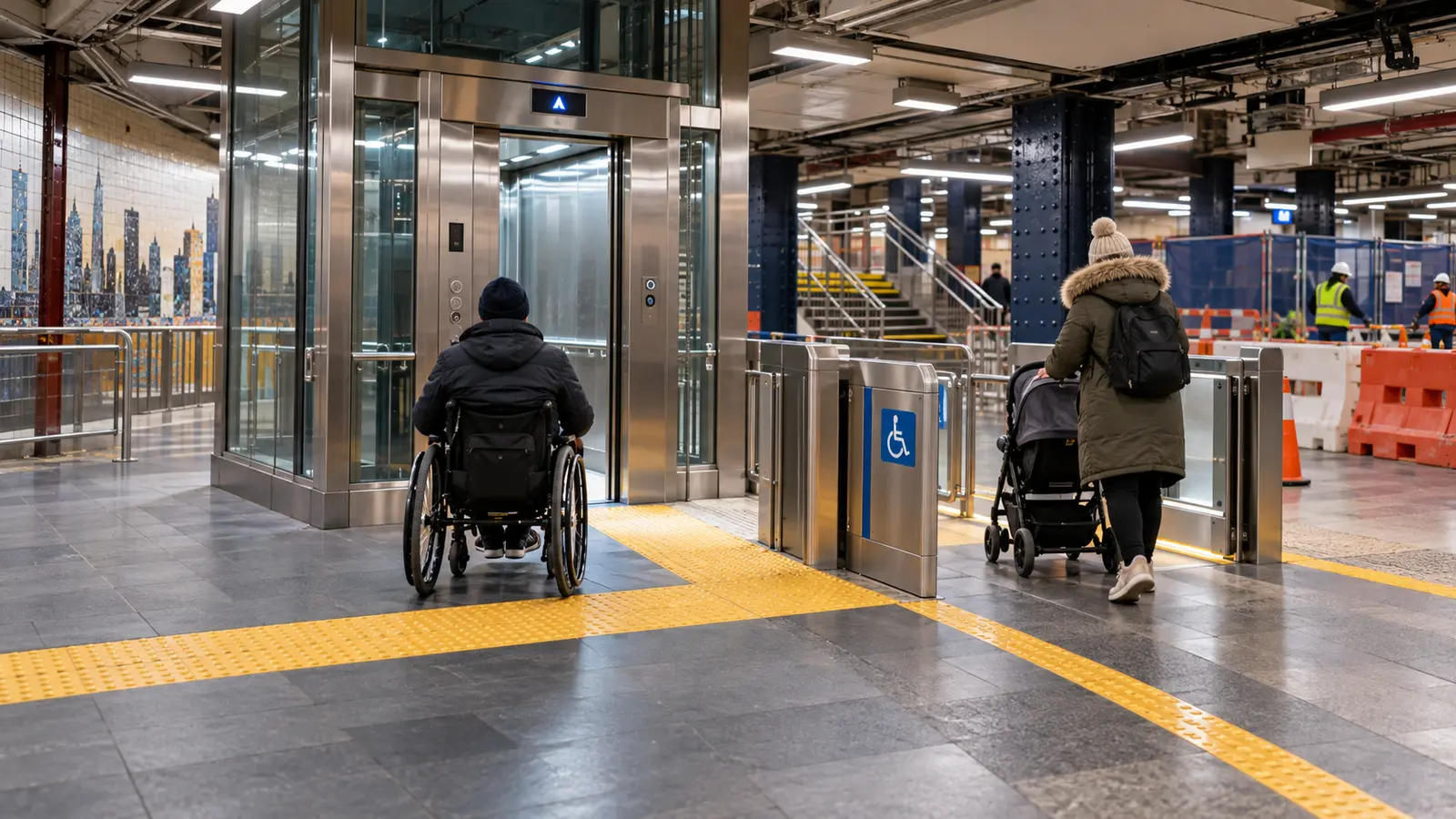 New York metrosunda asansör ve geniş geçiş kapısı kullanan yolcuları temsil eden özgün görsel; Bryant Park istasyonunun veya gerçek yolcuların fotoğrafı değil