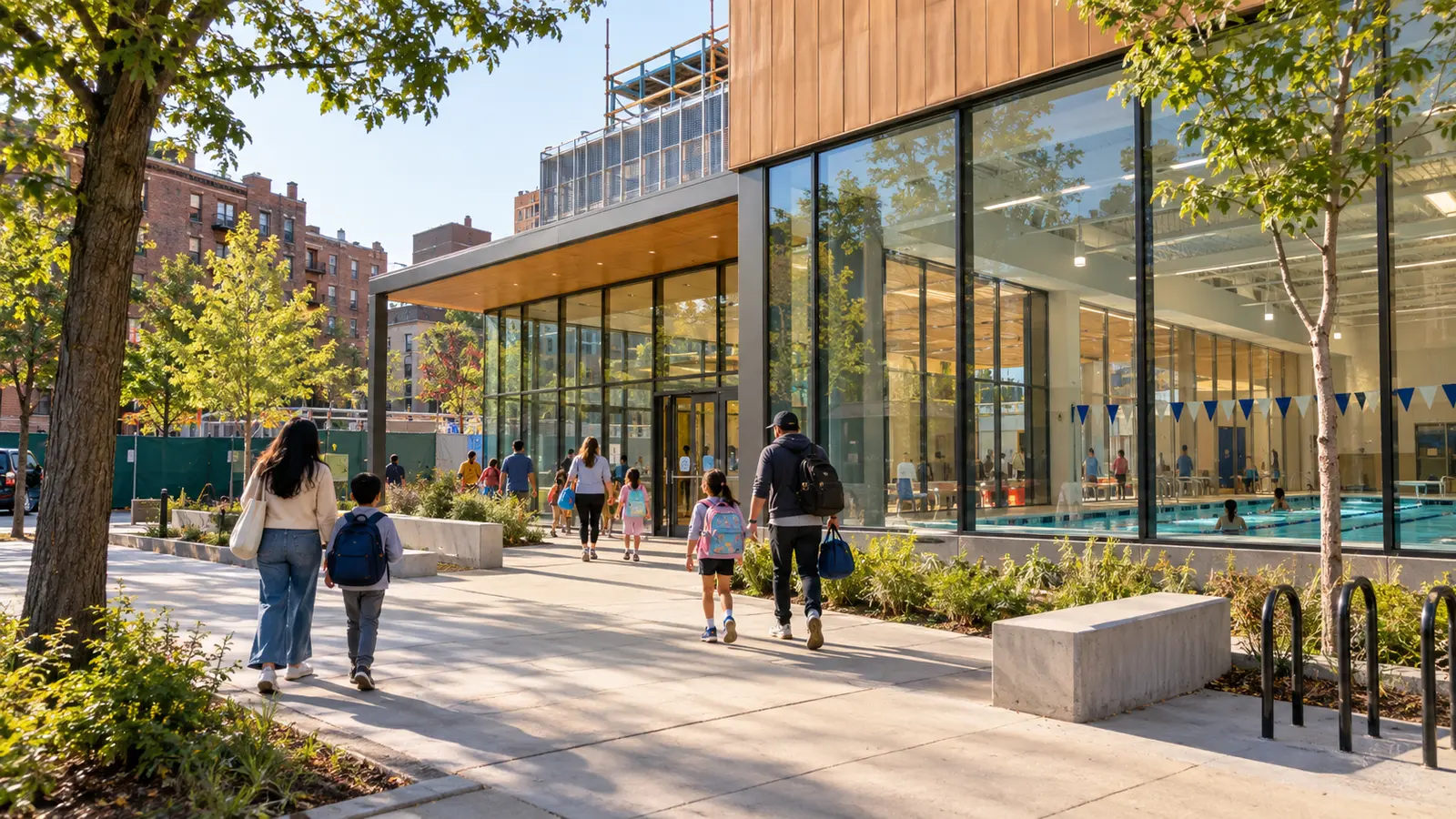 Queens'te planlanan toplum merkezi ve havuzu temsil eden özgün görsel; Jackson Heights projesinin gerçek binası veya kullanıcıları değil