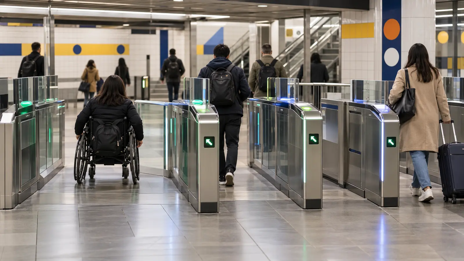 New York metrosundaki erişilebilir modern ücret kapılarını temsil eden özgün görsel; gerçek bir MTA istasyonunun veya pilot uygulamanın fotoğrafı değil
