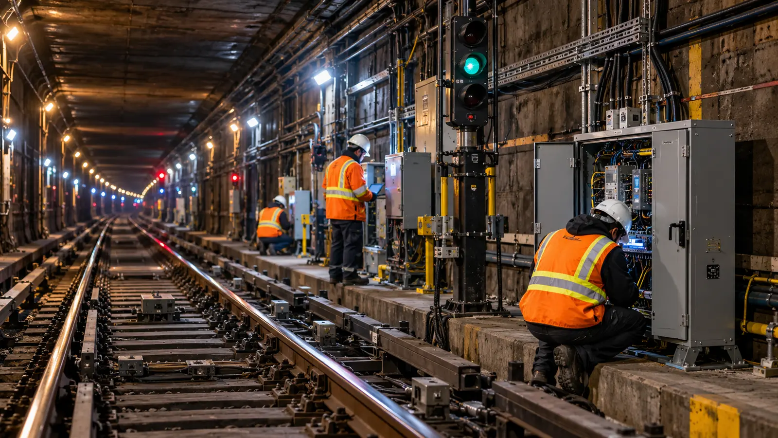 New York metrosunda yeni sinyal ekipmanı kuran teknik ekipleri temsil eden özgün görsel; gerçek MTA şantiyesinin veya çalışanlarının fotoğrafı değil