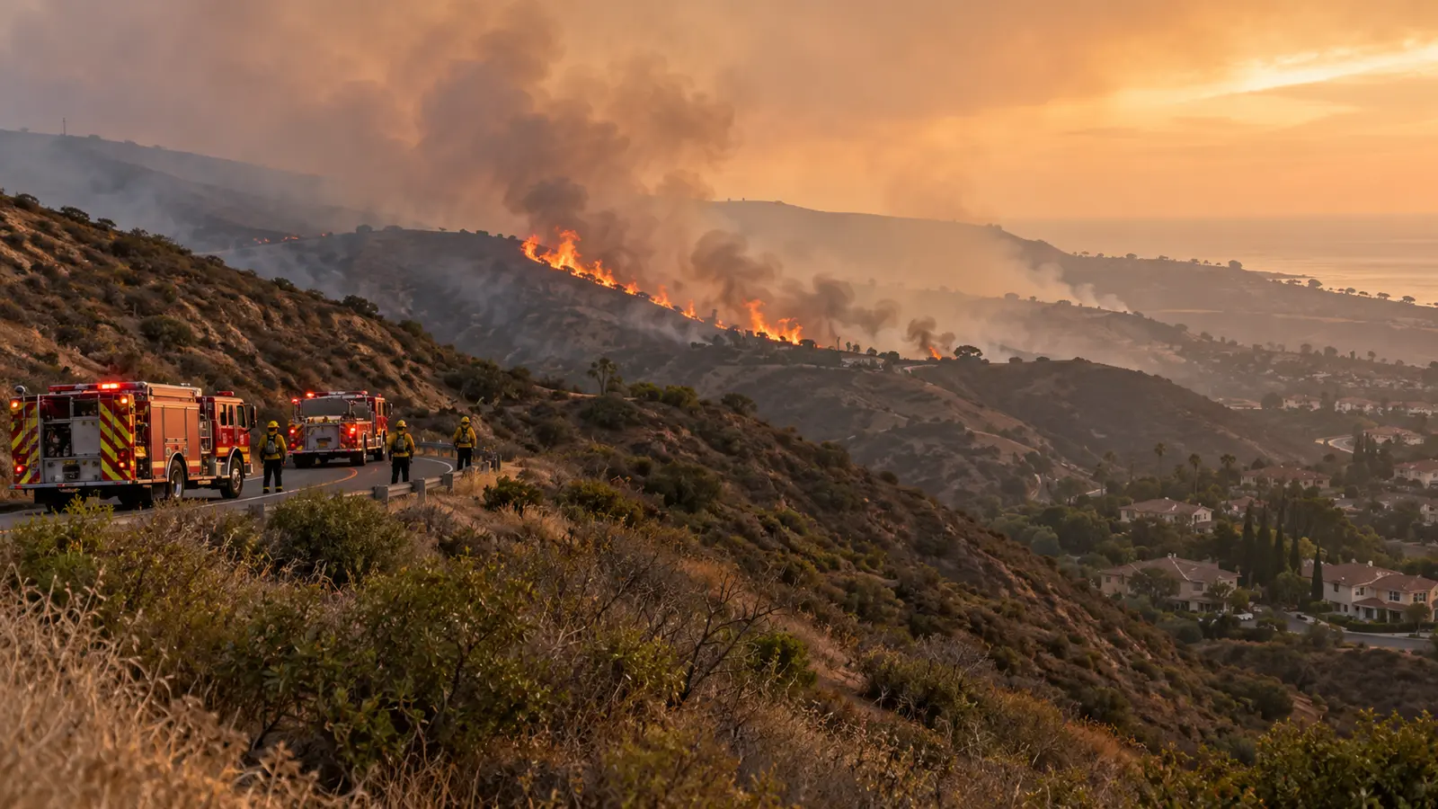 Orange County’nin kuru tepelerinde orman yangını müdahalesini temsil eden özgün görsel; Norte Fire’ın gerçek fotoğrafı değil