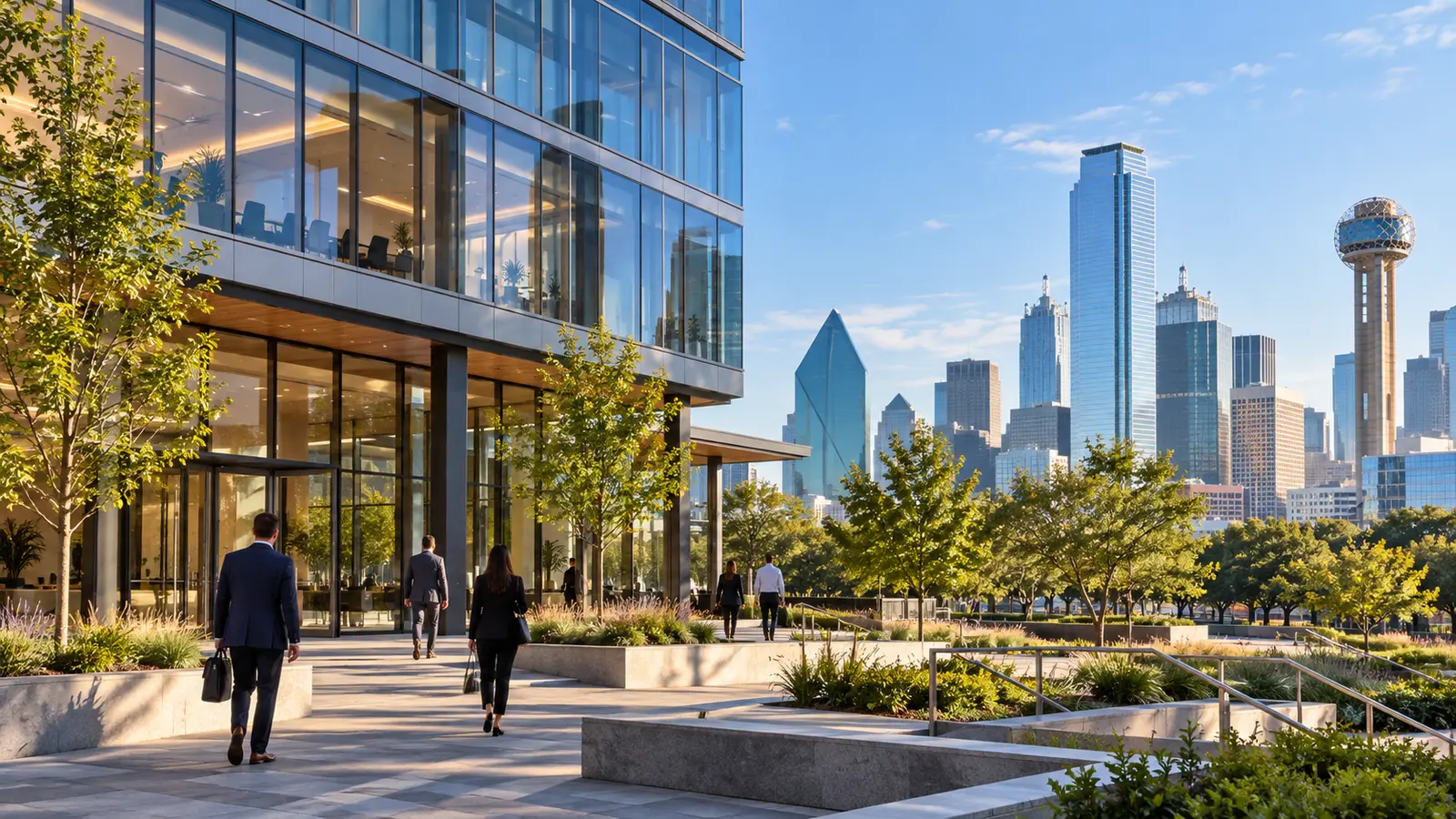 Morgan Stanley'nin Dallas'ta planladığı yeni merkezi temsil eden özgün ofis ve kent görseli; gerçek proje veya açılış fotoğrafı değildir