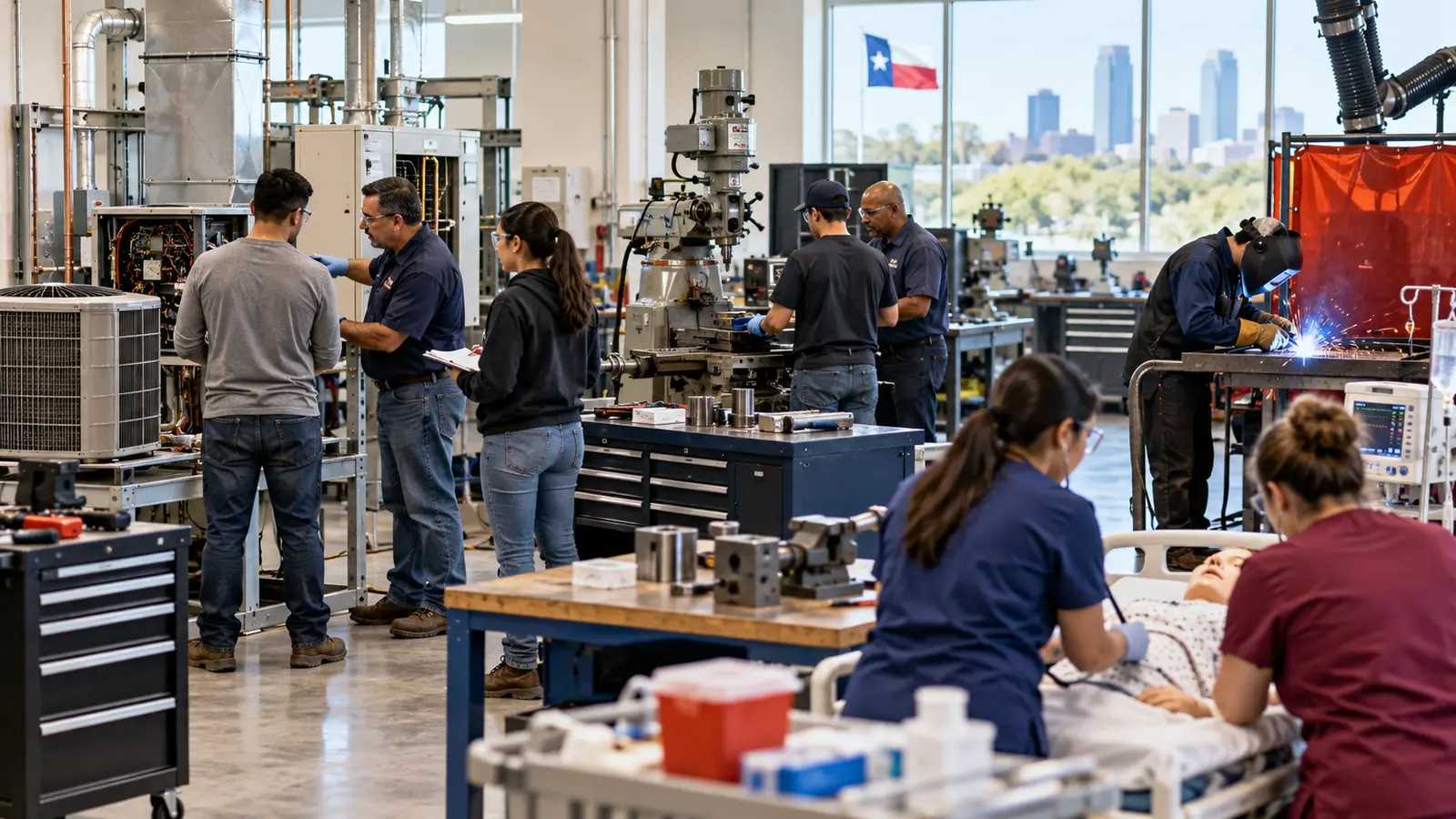 Texas’taki kısa süreli meslek programlarını temsil eden özgün teknik kolej atölyesi görseli; gerçek bir kampüs, öğrenci veya hibe törenini göstermiyor