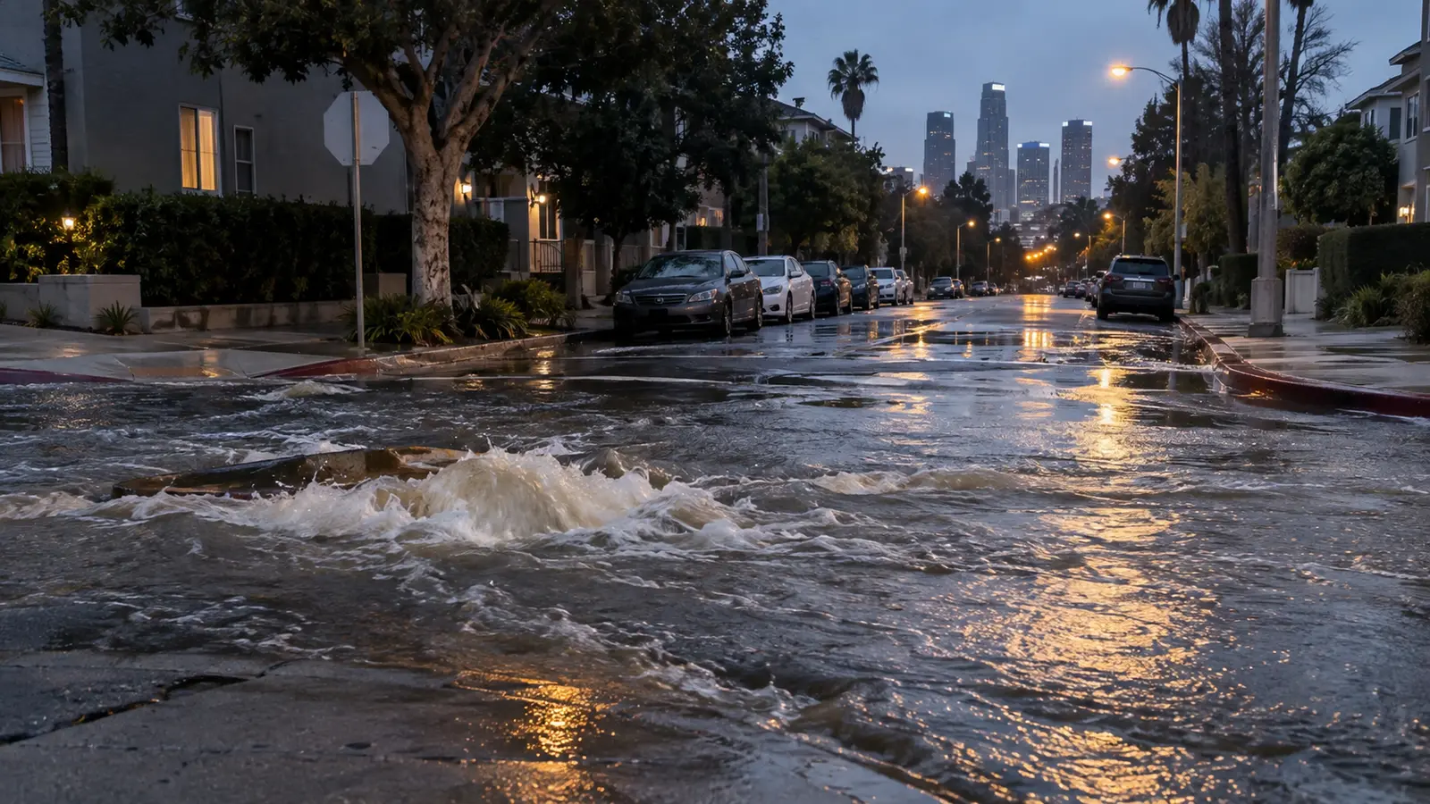 Los Angeles'taki bir su ana hattı arızasını temsil eden özgün görsel; Westlake olay anını göstermiyor